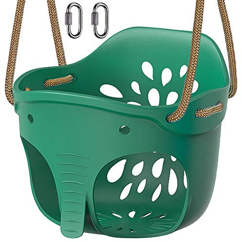 Dolibest Heavy Duty High Back Full Bucket Toddler Swing Seat with Locking Carabiners and Adjustable Rope, Cute Elephant Shape Design, 600LB Weight Limit (Bucket Swing, Green)
