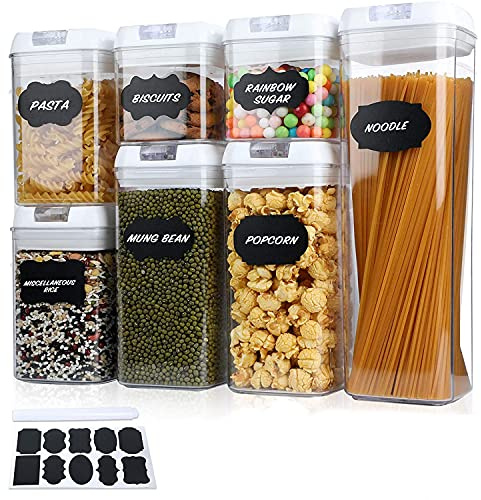 Taylor & Brown 7pc Clear Airtight Food Storage Container Set with 10 Labels & 1 Marker - Kitchen & Pantry Containers - Ideal for Flour, Cereal, Spaghetti, Pasta & more, White
