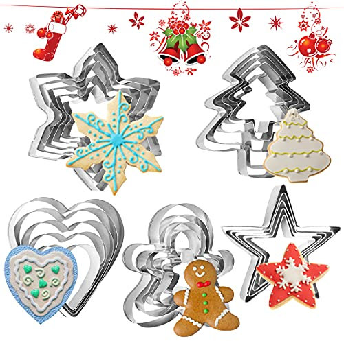 25 Pcs Christmas Cookie Cutter Set, FUKPO Stainless Steel Christmas Pastry Biscuit Cutters Baking Xmas Tree Gingerbread Man Star Heart Snowflake, Cookie Cutters Shapes Mini Cake Icing Fondant for Kids