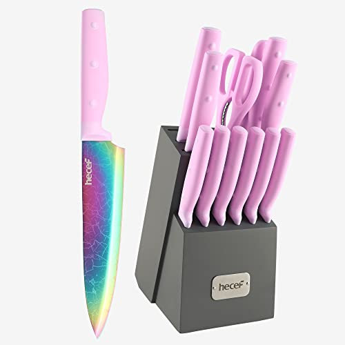 hecef Knife Set with Block and Sharpener - Modern Grey Knife Block & Dazzling Rainbow Titanium Knives - Superior Martensitic Stainless Steel Chef Knife Set for Cooking!