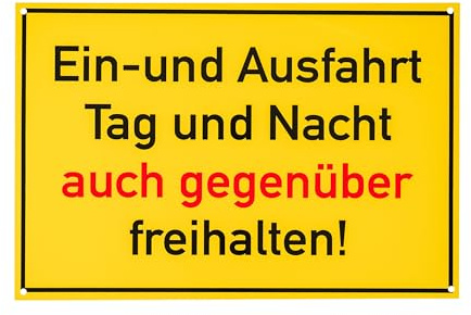 Hinweisschild Ein- und Ausfahrt auch gegenüber freihalten!, 1 Stück, 30 x 20 cm, 2,7 mm starkes PVC Schilder mit Bohrlöchern, Parken hier verboten für Innen- und Außenbereich, Parkverbot Warnhinweis