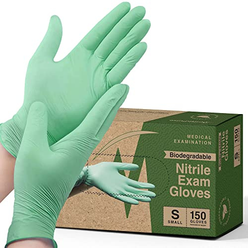 FifthPulse Biodegradable Disposable Nitrile Gloves - Small, 150 Count - Green, Food Safe Cooking Gloves - Powder and Latex Free, Textured Fingertips - Home Cleaning