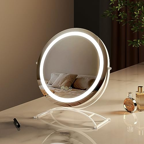 EMKE LED Hollywood Schminkspiegel mit Beleuchtung - Runden Hollywood Spiegel mit Dimmbar, 360° drehbar, Speicherfunktion, 3 Lichtfarben, Beleuchteter Kosmetikspiegel - Weiß, Φ50cm