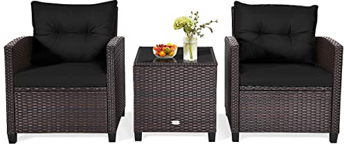 COSTWAY 3 Pieces Patio Rattan Bistro Set, Metal Frame Garden Coffee Table and Sofa Chairs Set with Cushions, Outdoor Furniture Wicker Conservatory Set for Balcony Yard Terrace Poolside (Black)
