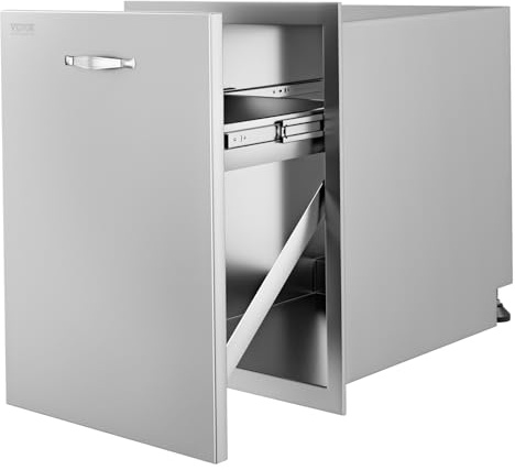 VEVOR Outdoor Kitchen Trash Drawer 17.7W x 25H x 22.8D Inch, Stainless Steel Trash Drawer with Handle and Pull-Out Tray, Outdoor Pull Out Kitchen BBQ Island, Trash Can NOT Included