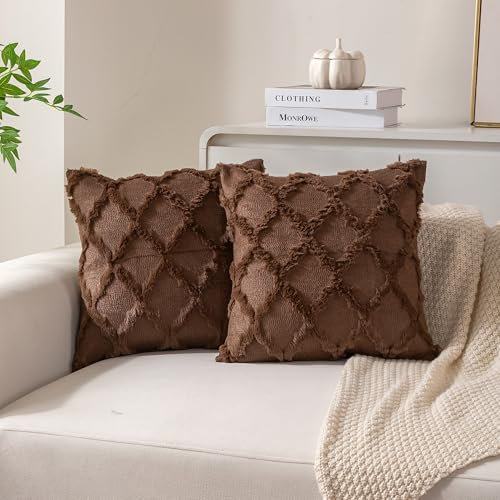 Ci & Ci 2er Set Boho Deko Kissenbezug 45x45 cm, Braun Kissen Sofakissen Dekokissen Zierkissen, Flauschig Kissenbezüge Kissenhülle für Sofa Couch