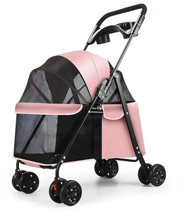 yoakaiax Hundvagn hundvagn vikbar husdjursvagn med 4 hjul, husdjursvagn för små medelstora hundar, hundbuggy med kopphållare, husdjurbuggy med vändbart handtag, rosa i nätfönster