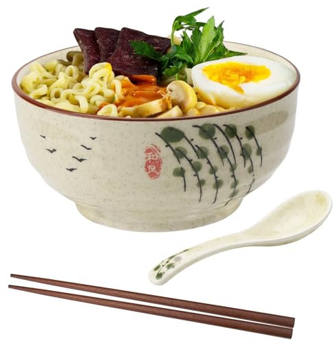 APOMOONS Ramen Bowl,Juego de Tazón de Ramen,Cuencos Sopa,Ramen Cuenco,Bol Ramen Japones,Cuenco Ceramica,Cuenco Ramen con Cuchara Palillos,Ramen Bowl,Tazones de Sopa de Porcelana,Ensaladeras 850ml