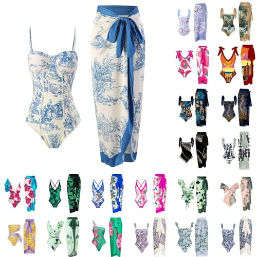 Maillot de bain 2 pièces pour femme avec paréo assorti - Monokinis d'été vintage à imprimé floral - Avec jupe longue - Style bohème - Vacances - Plage, 01-bleu, S