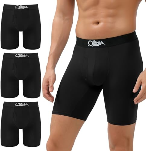 OEIOEI Anti Chafing Underwear Mens Bamboo Boxers Black Long Leg Boxer Shorts Underpants 3 Pack (XL, 3 Black)