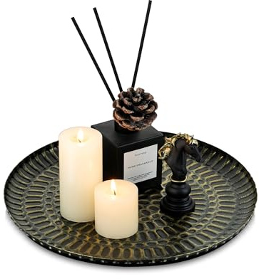 Romadedi Round Decorative Candle Tray - 11.8 Inch Vintage Hammered Metal Trays with Distressed Black Gold Finish Circle Candle Plate for Coffee Table Kitchen Counter Organizer Home Decor
