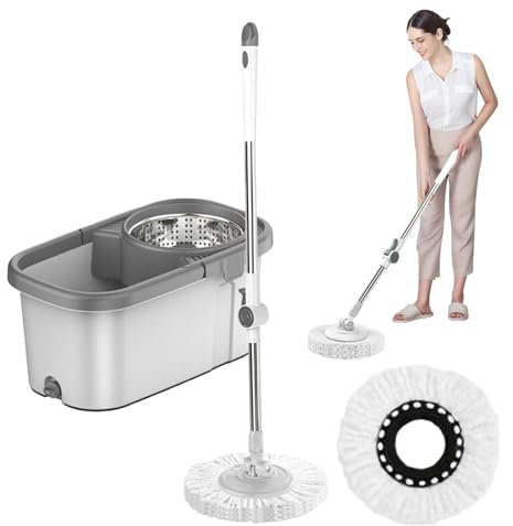 Set di secchio per , per la pulizia dei pavimenti, 190 x 24 cm, 60 per uso domestico con strizzatore in acciaio inossidabile, 2 teste in microfibra per cucina, bagno, piastrelle laminate
