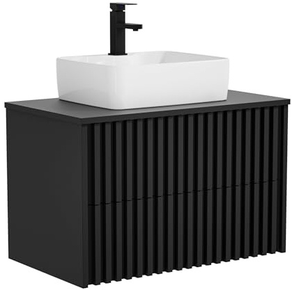 UEV Mobiletto Bagno 80CM con Lavabo in Ceramica, Mobile Bagno Sospeso Combina Eleganza e Funzionalità, Lavandino con Mobiletto da Parete, Nero