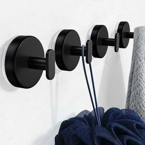 pickpiff Crochets à ventouse pour douche : Support extra fort de 6,8 kg pour salle de bain, cuisine, porte, miroir, carrelage, verre – Serviette, éponge, manteau, peignoir – noir mat, lot de 4