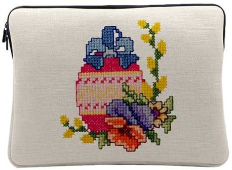 Housse Ordinateur et Tablette Aspect Lin - Oeuf Impression Style Cross Stitch Broderie - 12-13 Pouces Pochette de Protection PC Portable Imprimé en France