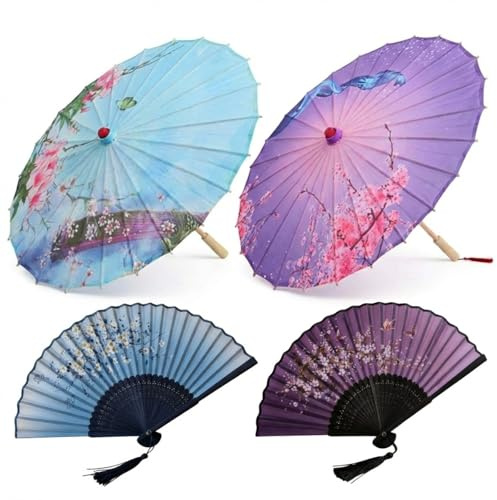 Maitys 4 Pcs Wedding Parasol & Fan Set, Silk Parasol 33 & Bamboo Folding Fan 9 with Tassel, Bridesmaid Gifts for Hen Party, Bridal Shower, Garden Wedding, Chinese Themed Photo Props