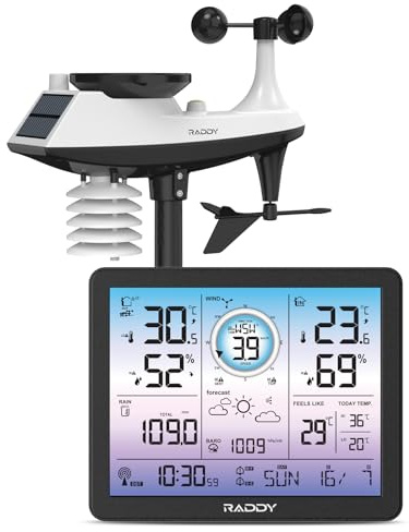 Raddy VP7 väderstation trådlös inomhus utomhustermometer professionell, 7,4 tum digital display i lila, radioklocka, temperatur- och fuktighetsmonitor, väderprognos och lufttryck