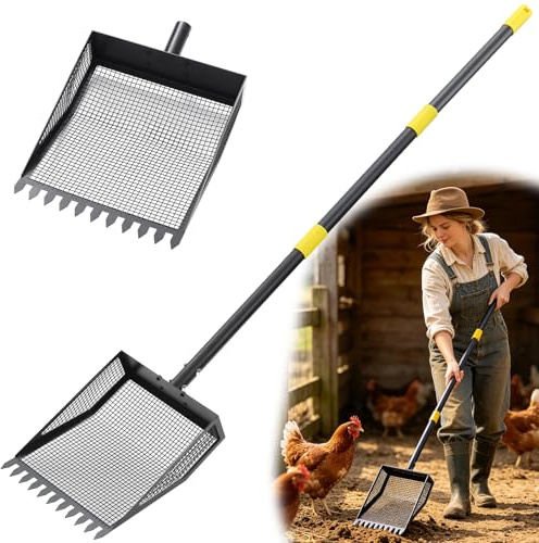TAILERNRUYE Chicken Poop Scooper & Rake, 42-84 Adjustable Chicken Coop Shovel, 2-in-1 Heavy Duty Iron Sand Sifting Litter Rake for Chicken Coop, Goat, Cat Litter & Barn Yard Waste
