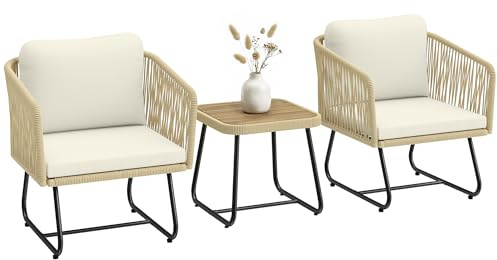 Outsunny Rattan Bistroset 3 teiliges FSC Akazienholz Gartenmöbel-Set mit 2 Sessel, Lamell-Tisch, Dicke waschbare Kissen Stahlrahmen, Balkonmöbel-Set Sitzgruppe Gartengarnitur für Garten Cremeweiß