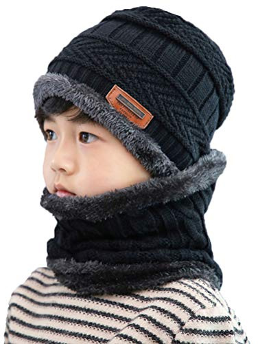 XYIYI Kids Winter Knit Hat and Scarf Set, 2Pcs Warm Fleece Lining Beanie Cap and Scarf for 5-14 Year Old Boys Girls (Black)