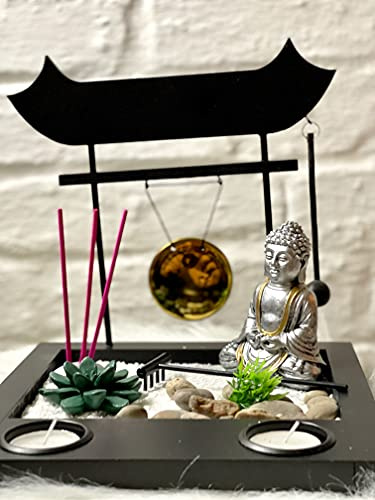 Mex Zen Garten mit Gong auf Platte Deko Set Buddha Teelichthalter mit Räucherstäbchen Figur Deko Buddhismus Entspannungsset in Silber