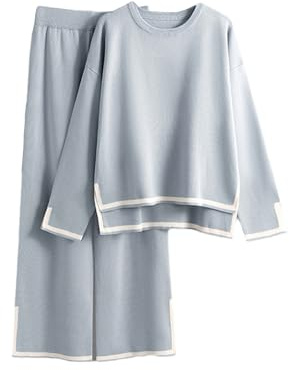 tinetill Completo da jogging causale in 2 pezzi da donna completo da salotto maglione lavorato a maglia pantaloni a gamba larga completo sportivo tuta da ginnastica set da casa alla moda