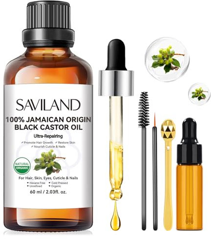 Saviland Jamaikanisches Schwarzes Rizinusöl Bio - 100% Rein Vegan Kaltgepresst Castor Oil - für Wimpern Augenbrauen Haare Nägel Nagelhaut Haut - mit Glasflasche Pipette Pumpe Mascara Expert Care Kit