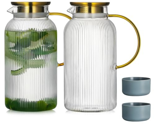 Buaic 2 PACK Glass Pitcher with Lid, 68 oz Glass Carafe with Silicone Base