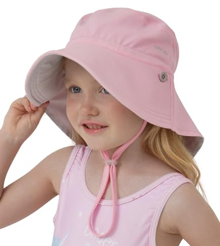 Creekstone Cappello da Sole per Bambini Protezione UV UPF 50+, Reversibile Cappello Estivo Nuoto da Spiaggia, Patta per il collo Tesa Larga Ragazze e Ragazzi (IT, Età, 1 anno, 3 anni, Rosa)