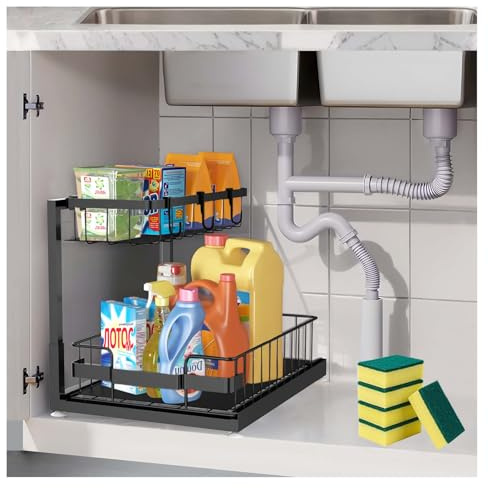 Organizzatore per sotto il lavello, organizzatore a 2 livelli per sotto il lavello e per lo stoccaggio, scaffale organizzatore in metallo estraibile per cucina, bagno, dispensa, armadio, scaffale di