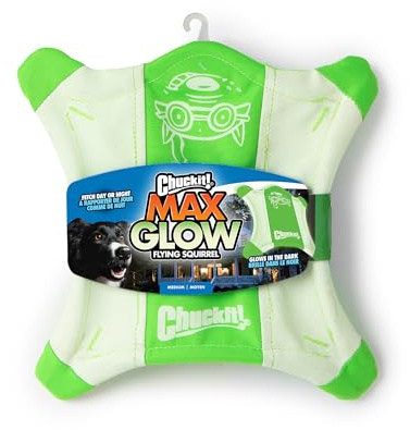 Chuckit! Flying Glow Squirrel Fetch Dog Toy, (10.5 Inch Length), Glow in the Dark Dog Toy, Pack of 1, Size Medium, for All Breeds and Sizes