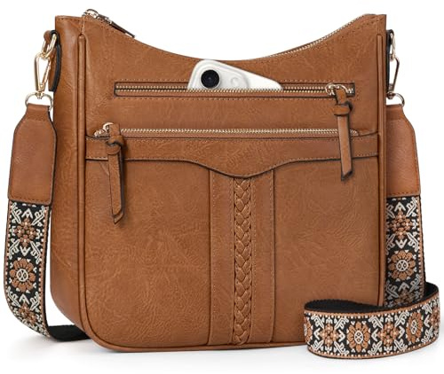 RAINSMORE Bolso Bandolera Mujer Cuero PU Bolso Mujer Bandolera con Correa Ancha Ajustable y Desmontable Bolso Cruzado Compras Trabajo Marrón