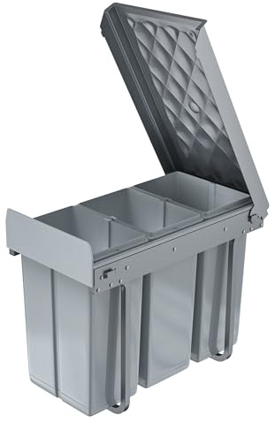 LILIIN Armario empotrado para cubo de basura de cocina, cubo de basura para residuos de cocina, mueble bajo con cajón extraíble, sistema de separación de basura con guías telescópicas, gris (3x10L)