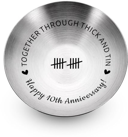10th Anniversary tin Gift for Women Men 10 Year Wedding for Wife Husband Couple Gifts for 10th Anniversary Decorations Ring Dish Jewelry Tray for Him Her Engagement (together through thick and tin)