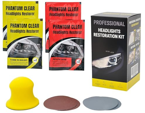 Phantom Clear Headlight Restoration Kit – Oxidation & Yellowing Remover with UV Sealant | Wipes + 2000/3000 Sanding Discs + 3” Holder, Gloves | Restores Cloudy Headlight Lenses – No Power Tools