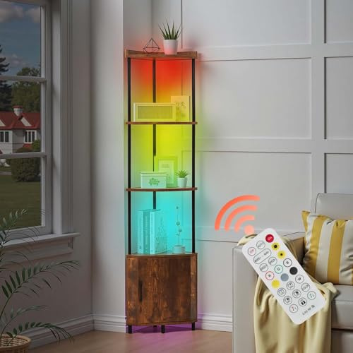 VEVOR Eckregal mit 5 Ebenen, Eckständer mit LED-Licht & Türen, Displayregal Lagerregal mit Metallrahmen & Holzregalen, Standregal Ausstellungsbücherregal für Schlafzimmer Wohnzimmer Büro Braun