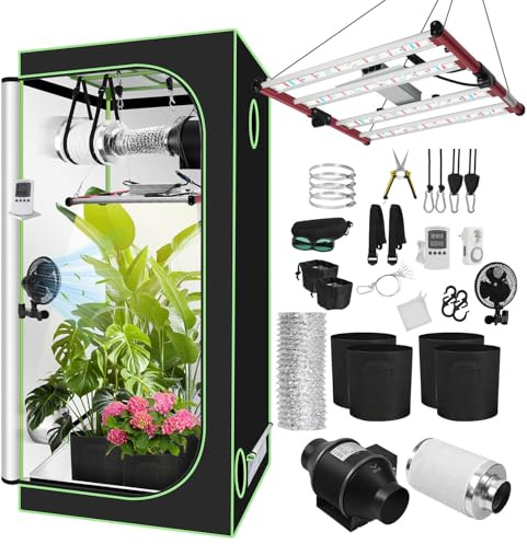 Daromigo Growzelt Komplettset 100x100x200cm mit Dimmbarer LED Grow Lampe, Pflanzenzelt, Inkl. 4 Aktivkohlefilter, Ruhigem Lüfter & Rohrventilator, für Hydroponik Indoor Anbau