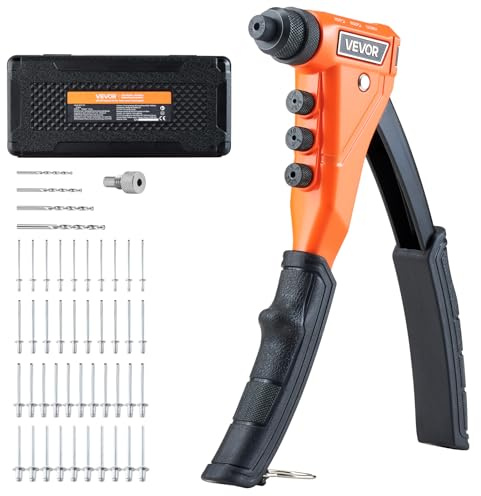 VEVOR Riveteuse Manuelle à Une Main, Kit d'Outils à Riveter Complet, pour Métal Automobile Maison, Pince à Rivet Aveugle avec 200 Rivets, 4 Embouts Interchangeables, 4 Forets et Mallette de Transport