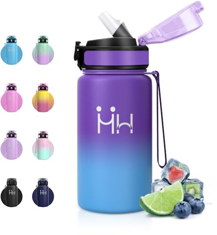 Botella Termica 500ml, Botella Agua Acero Inoxidable con Pajita, Cantimplora Termica sin BPA, a Prueba de Fugas, Fácil de Abrir, Termo Agua para Escuela, Gimnasio,Colegio,Excursiones