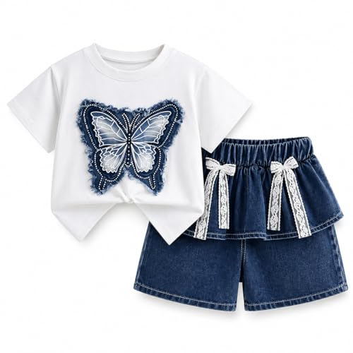 OrJana Completo Bambina 2 Pezzi con Unicorno, Maglietta con Volant e Jeans, Tema Unicorno e Arcobaleno (skort white, 2-3 anni)