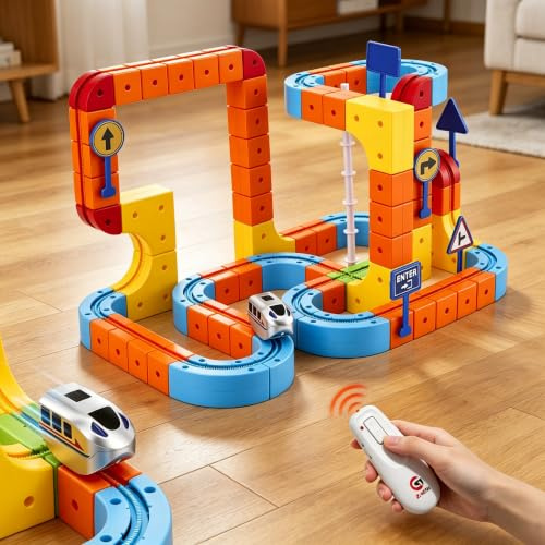 Cube Track Set 149pcs, Juego de ferrocarril eléctrico con mando a distancia, 2 trenes (1 x teledirigido), flexible 3D DIY tramo desafiante la gravedad, juguete para niños 3, 4, 5, 6, 7, 8 años