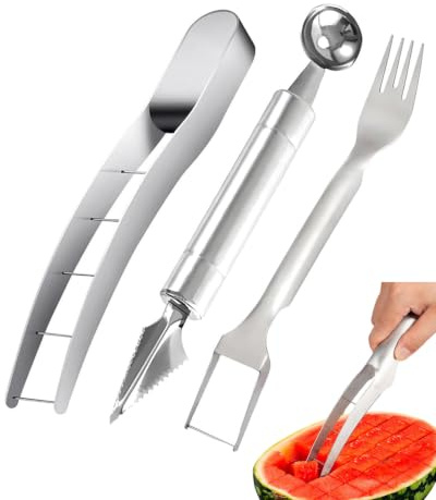 JIRVEX Taglia Anguria 3 Pezzi Acciaio Inossidabile 304 | 2-in-1 Affettatrice e Forchetta per Cubetti e Fette Perfette di Melone | Gadget Cucina Essenziale per Insalate di Frutta e Spuntini Estivi.