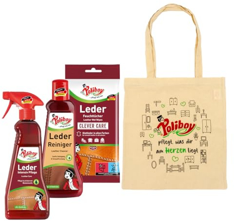 Poliboy - Leder Intensiv Pflege Set 4-teilig - Intensiv Pflege (375 ml), Reiniger (200 ml), Feuchttücher (20 Stück) - Mit Tasche - Made in Germany