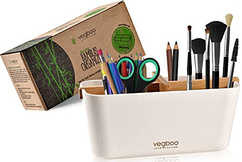 vegboo® Bambus Organizer – Aufbewahrungsbox mit 4 Fächern – Nachhaltiger Schreibtisch Organizer, Kosmetik Organizer & plastikfreie Ordnungsbox für Bad, Büro, Stiftehalter oder Schminktisch in Weiß