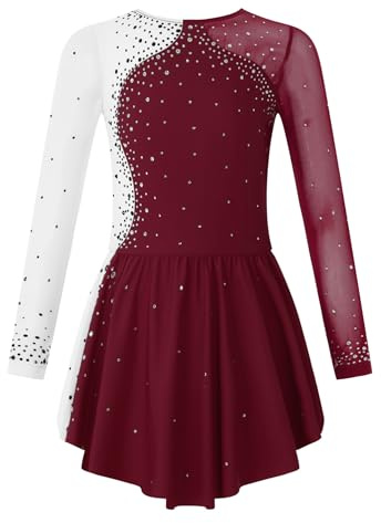 CHICTRY Kjolklänningar konståkning barn flickor strass glitter rullsko klänning långärmad dansbody färgblock lapptäcke tröja med omlottkjol danskläder, Burgund, 134-140