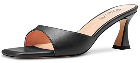 HEUIVZAR Femmes Mi Kitten Talon Heel Ouvert Carré Bout Mules Chaussures Slip-on Bureau Party Cute 6.5 CM Heels Noir 38 EU