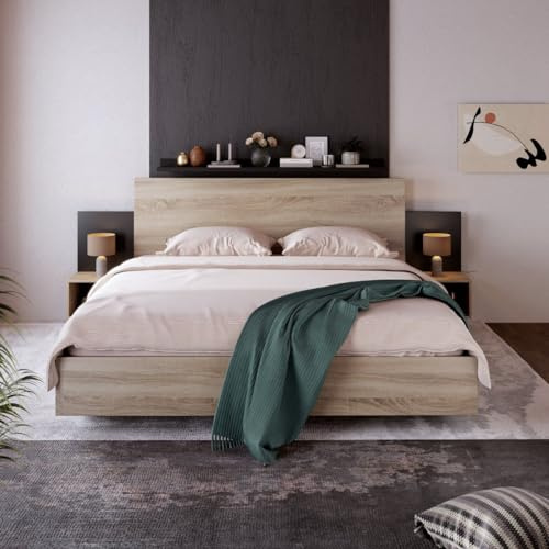 Ensemble de Chambre à Coucher Lit Moderne 160 x 200 cm avec 2 Tables de Chevet, Cadre de Lit en Chêne, Gris Foncé