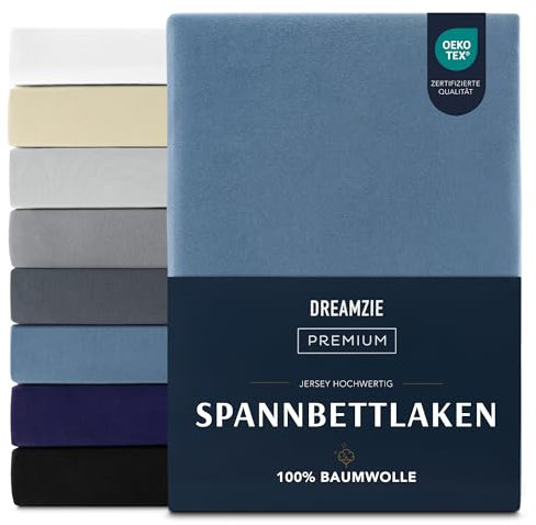 Dreamzie Premium Spannbettlaken 90x200 cm, Spannbetttuch für Dicke Matratzen bis zu 22 cm, Bettlaken 100% Jersey Baumwolle, 150 g/m², Oeko-TEX Zertifiziert - Blau