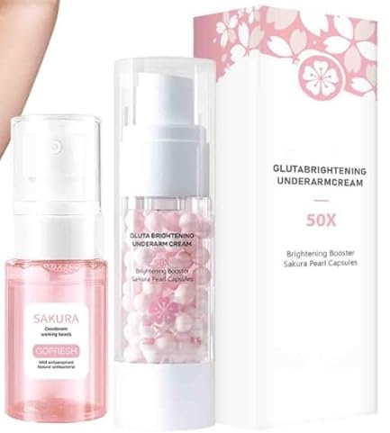 Sakura Gluta Brightening Underarm Deodorant Spray & Brightening Cream, Whitening 50X Pearl Capsules Armpit Booster Serum, Intimate Area Skin Lightening Cream, Body Care Exfoliating Gel For Women