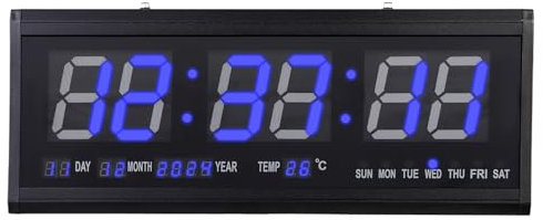 Queeucaer große Digitale Wanduhr mit Fernbedienung, automatisch dimmbare Digitaluhr mit großem Display Wanduhren Digital Wanduhr Funk-wanduhr Temperaturanzeige Display Datumanzeige Blau